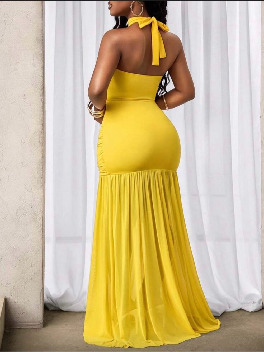 Fashion Nova Yellow Halter Ruched Maxi Dress - Picture 3 of 3